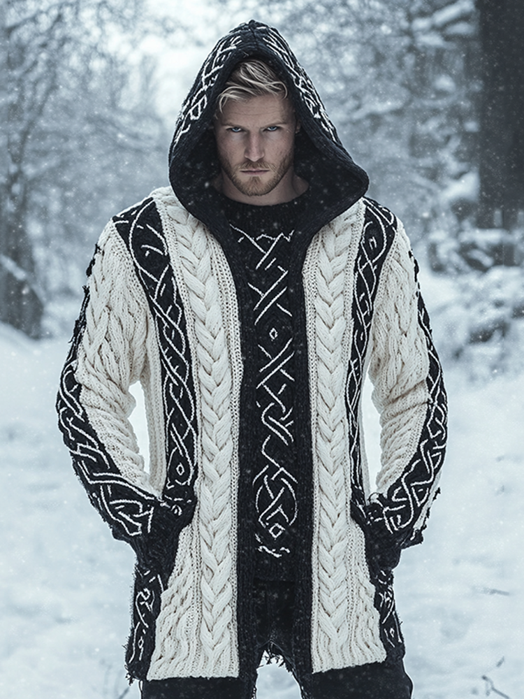 Men's Vintage Viking Rune Knit Jacquard Hooded Cardigan