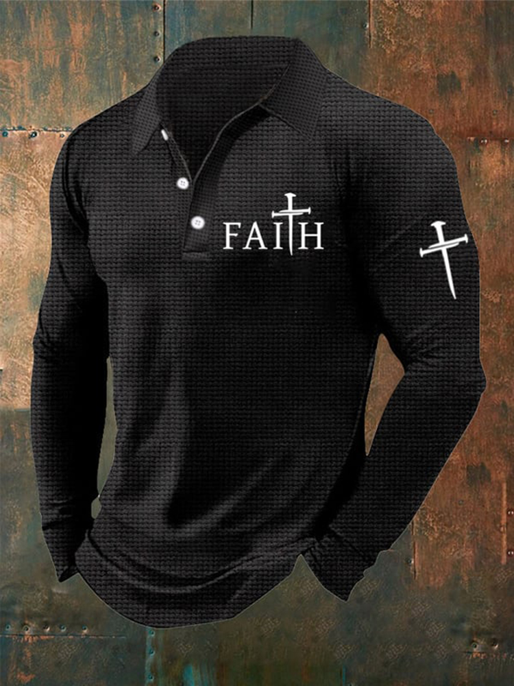 Men's Faith Print Long Sleeve Button Polo Shirt
