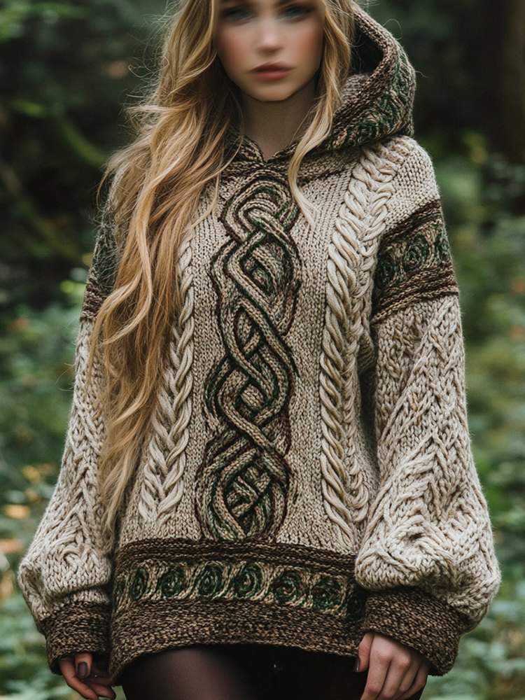 Women's Irish Celtic Knot Jacquard Hooded Sweater