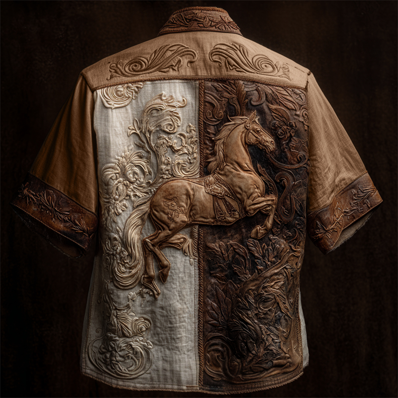 Vintage Horse Western Embossed Patchwork Linen Shirt