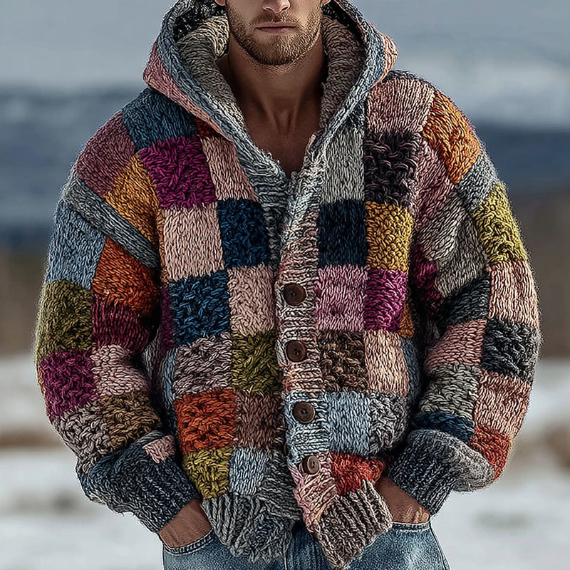 Men's Geometric Block Panel Contrast Knit Button Hooded Sweater