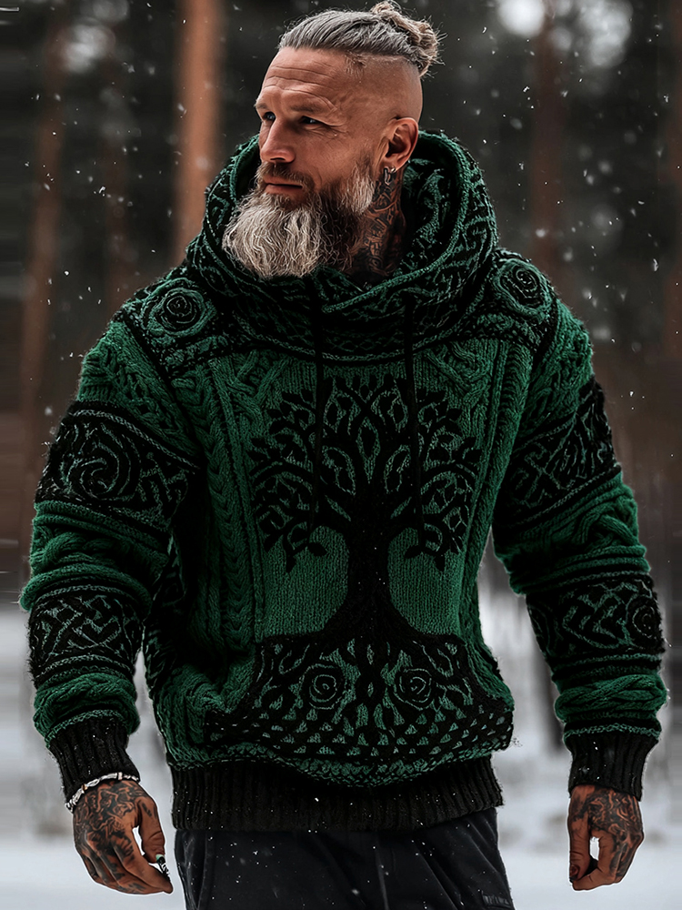 Men's Viking Tribal Jacquard Celtic With Rose And Tree Of Life Inspired Chunky Knit Hooded Sweater