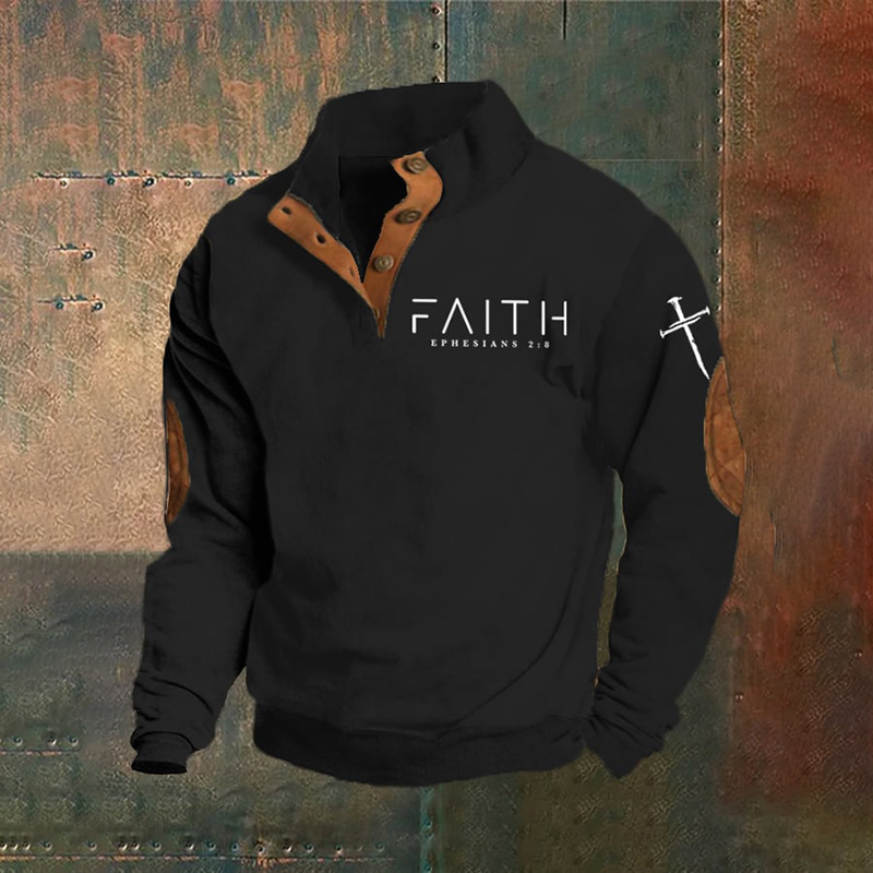 Men's Faith Cross Printed Stand Collar Button Sweatshirt