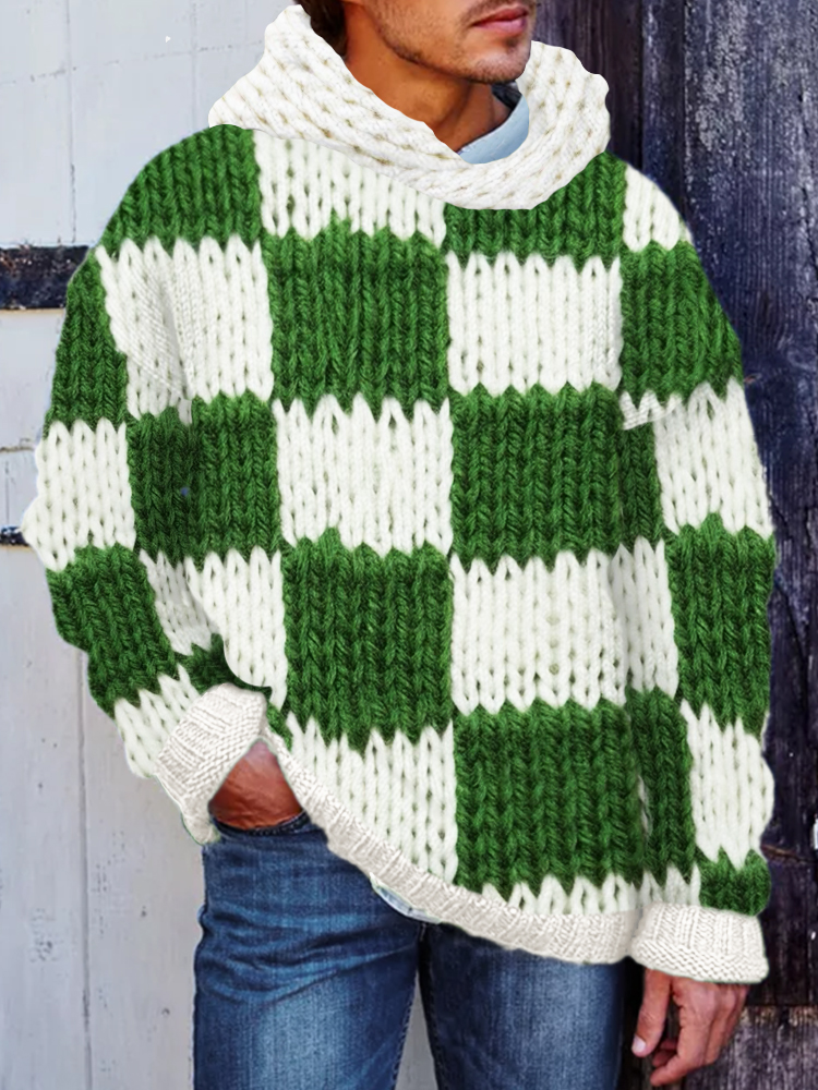 Men's Green Check Colorblock Crochet Cozy Hooded Sweater