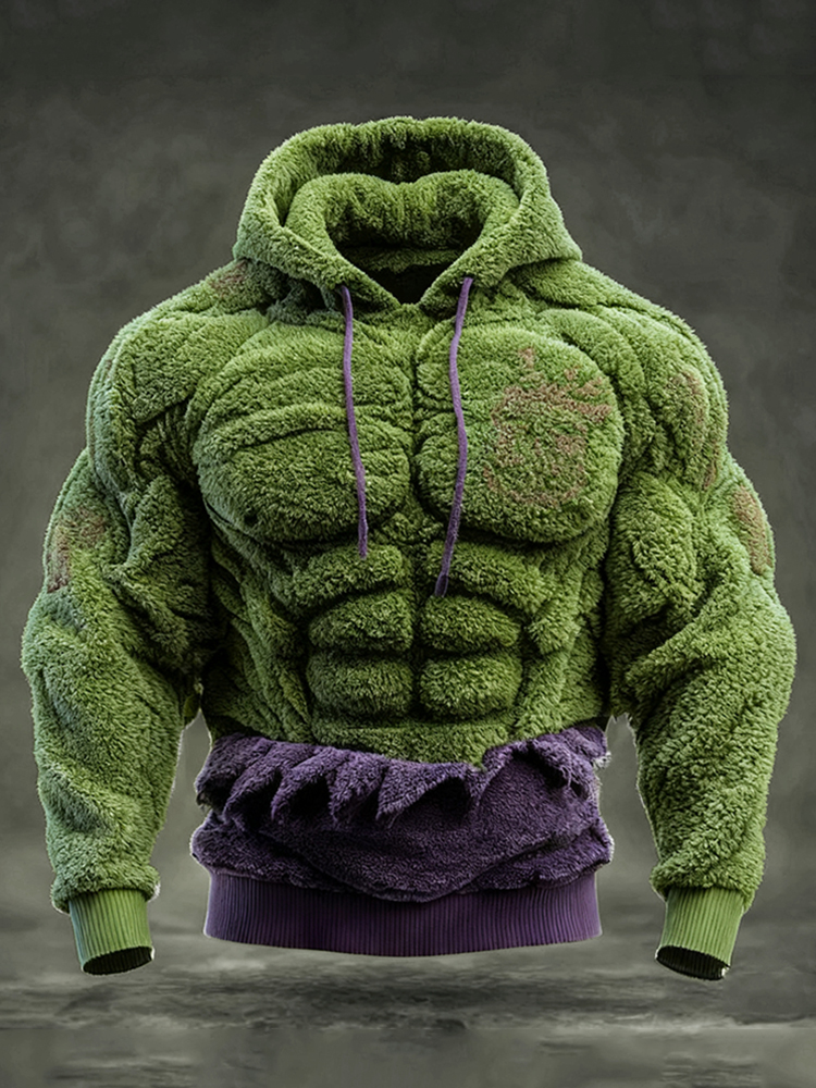 Men's Christmas Green Muscle Line Contrast Cozy Plush Hoodie