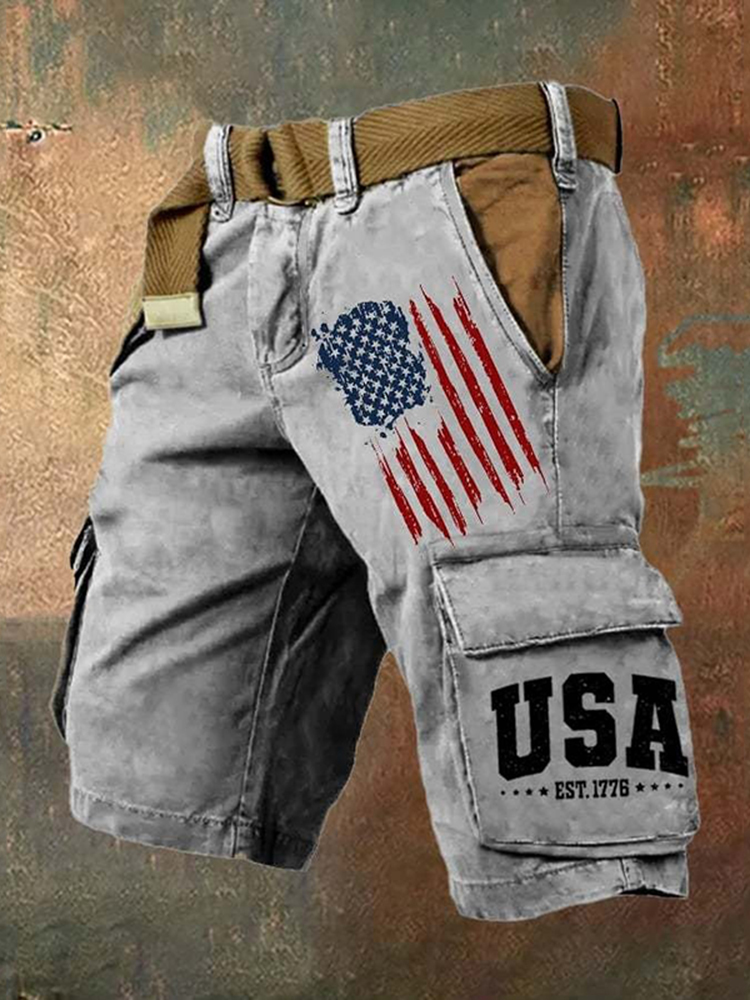 Men's Retro Usa Est 1776 Print Cargo Shorts