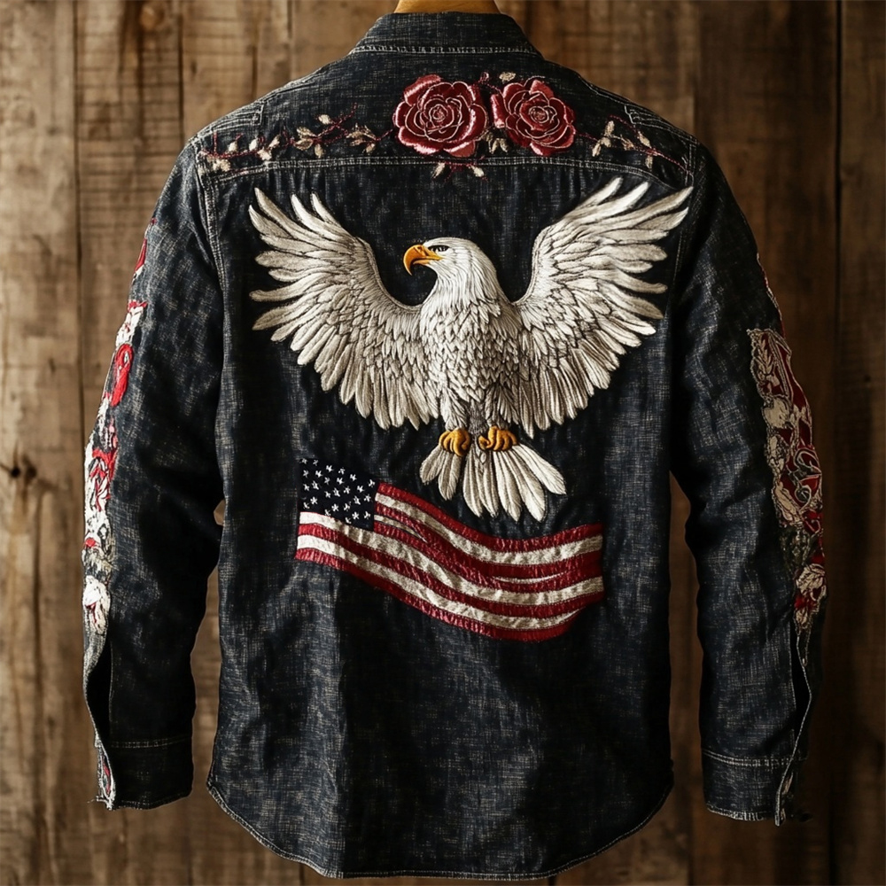 Independence Day Western Bald Eagle & Flag Embroidered Men's Jacket
