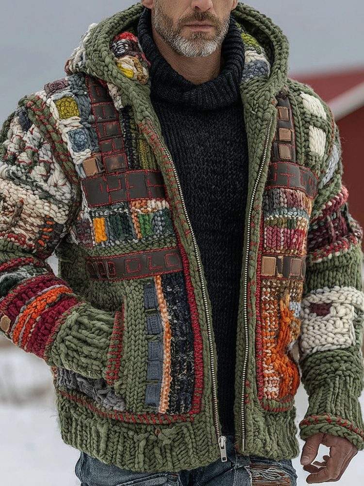 Men's Tribal Geometric Patchwork Knitted Warm Zip-up Hooded Sweater
