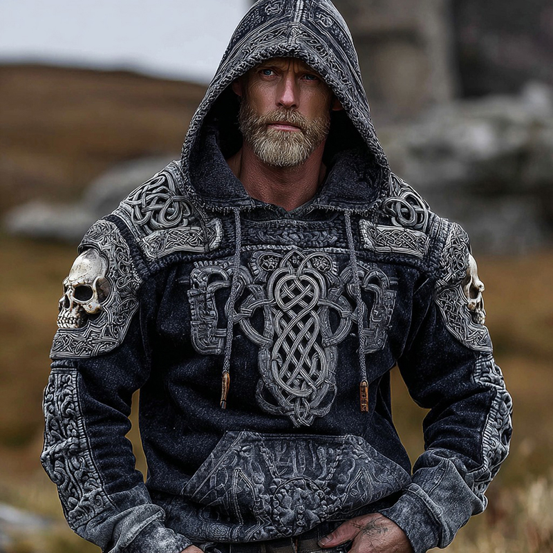 Viking Skull And Celtic Knot Inspired Tribal Distressed Washed Hoodie