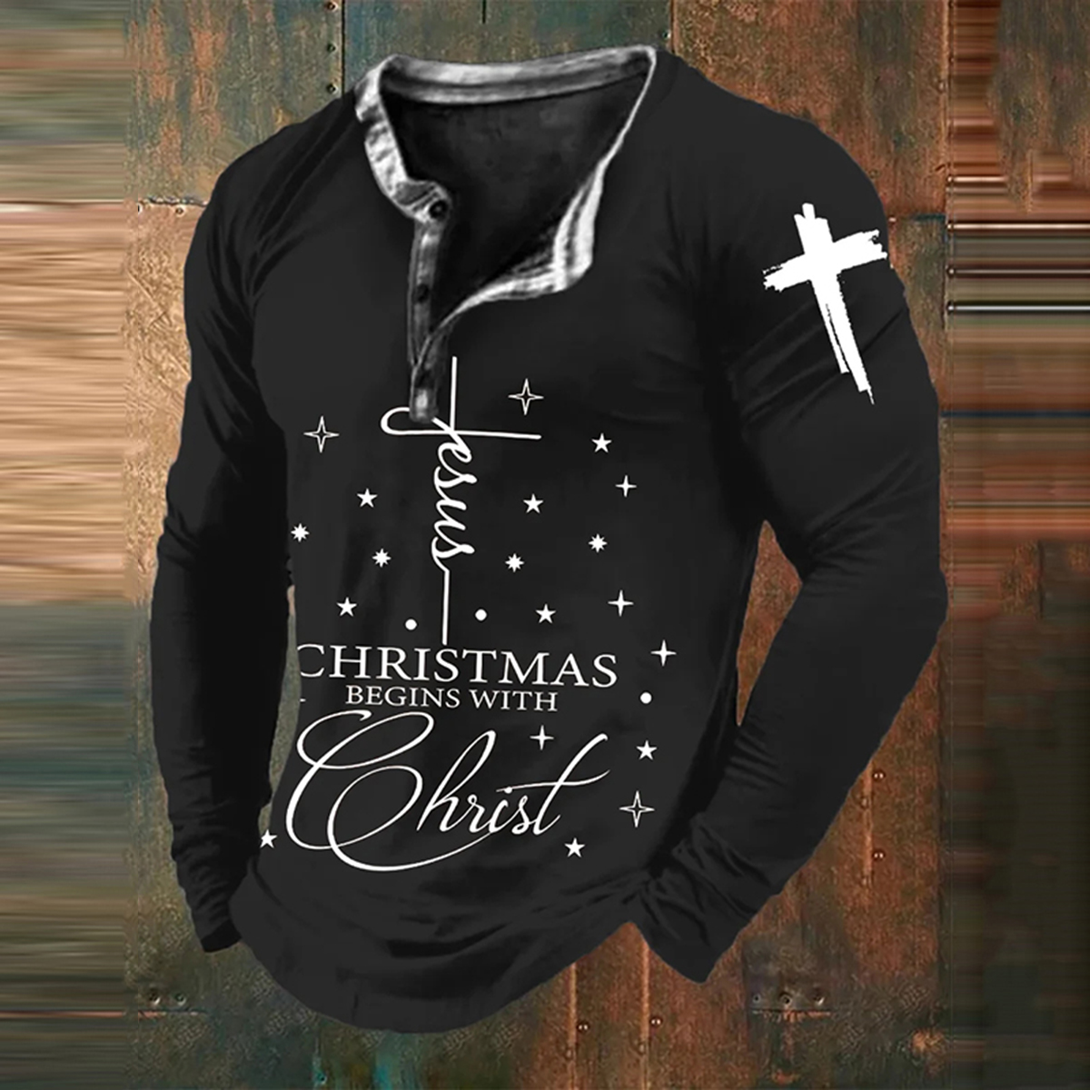 Men's Christmas Cross Faith Print  Long Sleeve T-Shirt