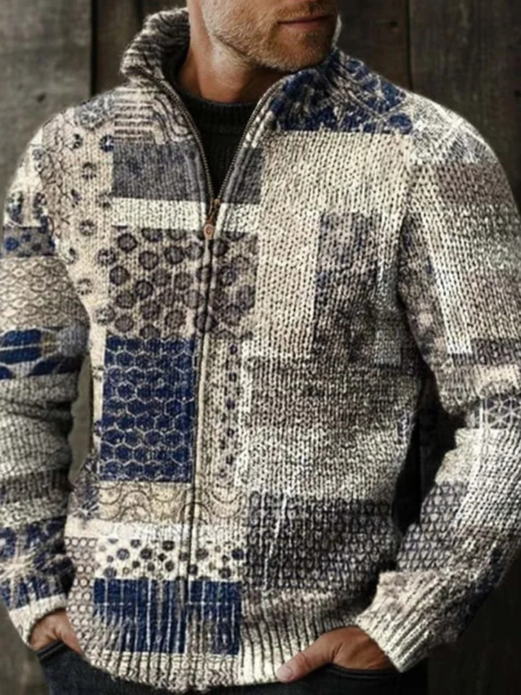 Men's Vintage Patchwork Design Pattern Zip Sweater