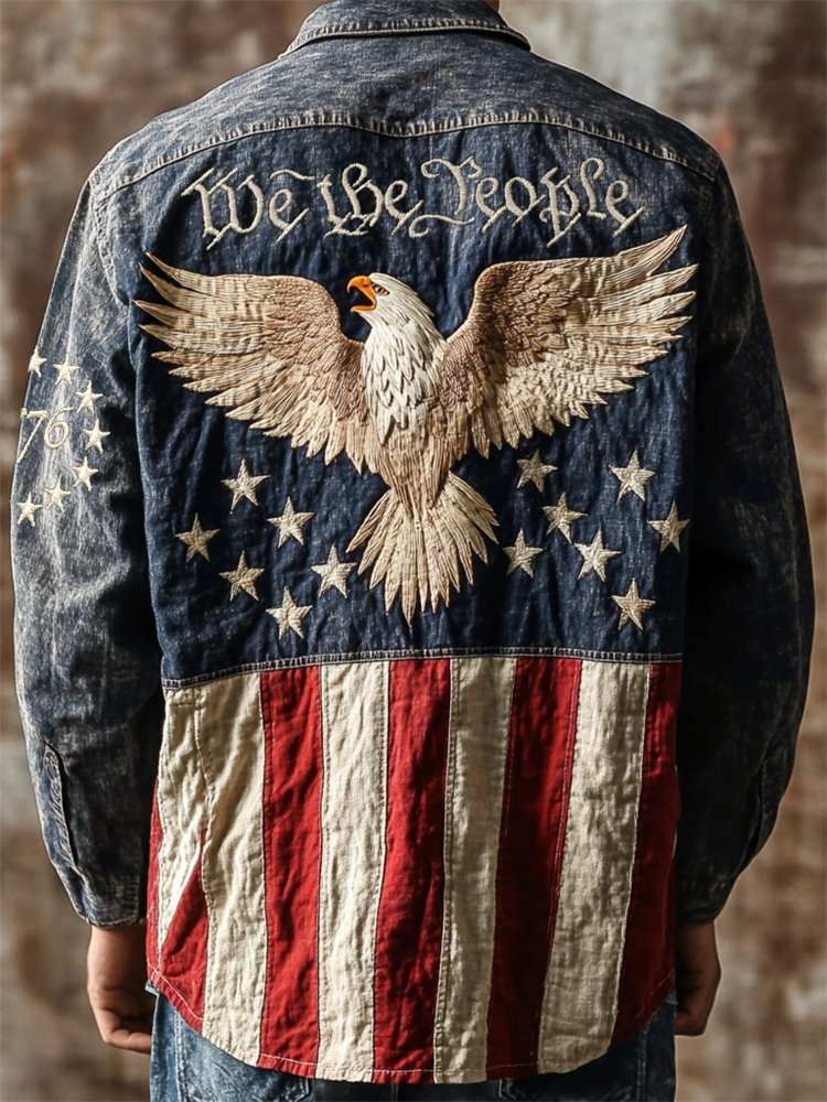 Men's Independence Day We The People Eagle Embroidered Linen Shirt