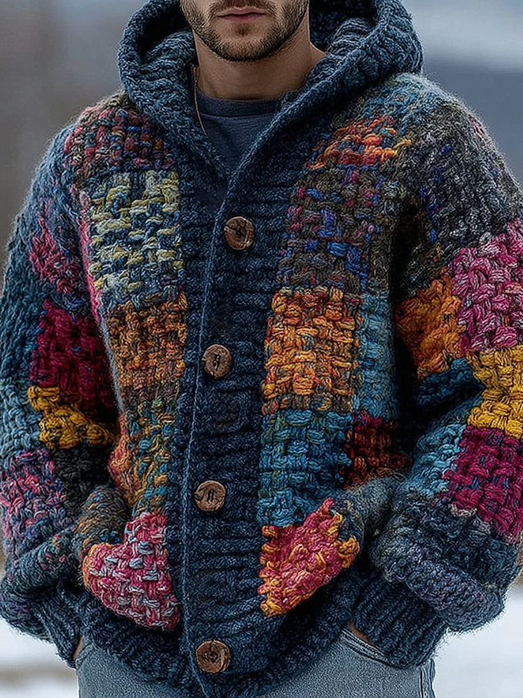 Men's Fair Isle Knit Jacquard Button Hooded Sweater