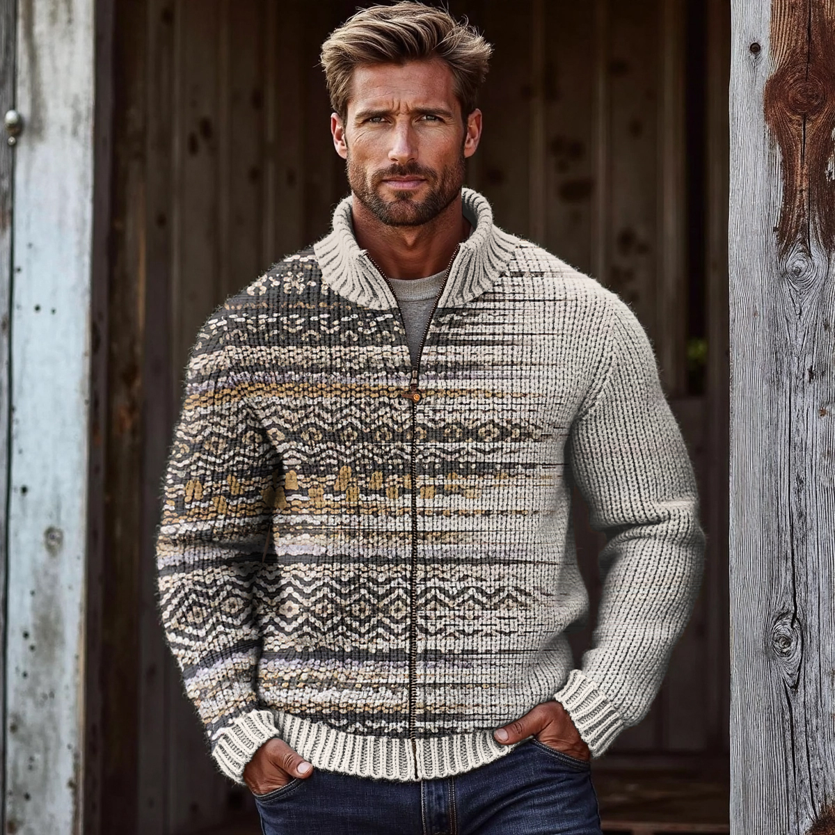 Men's Vintage Western Design Graphic Zip Sweater