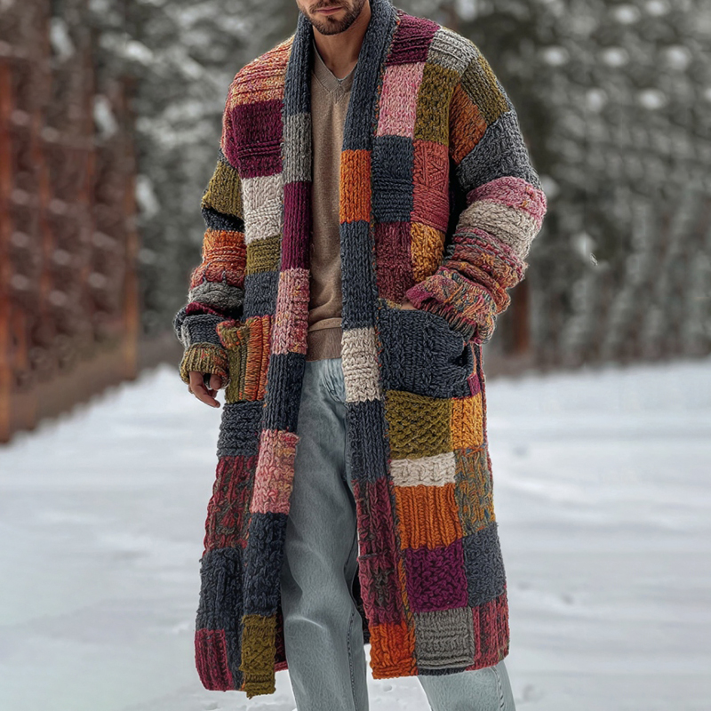 Men's Vintage Geometric Block Knit Warm Sweater Long Cardigan