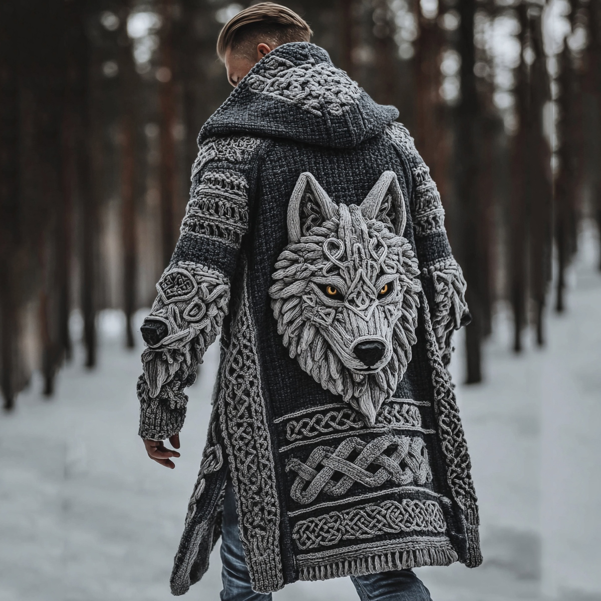 Men's Viking Style Celtic Knot Wolf Head Sweater Cardigan