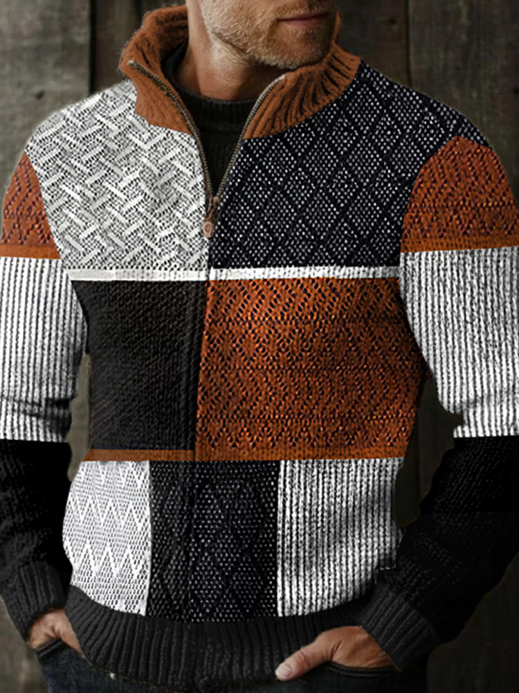 Men's Retro Tribal Western Textured Pattern Patchwork Zipper Sweater