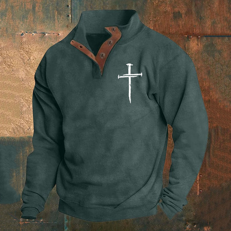 Men's Faith Cross Printed Stand Collar Button Sweatshirt
