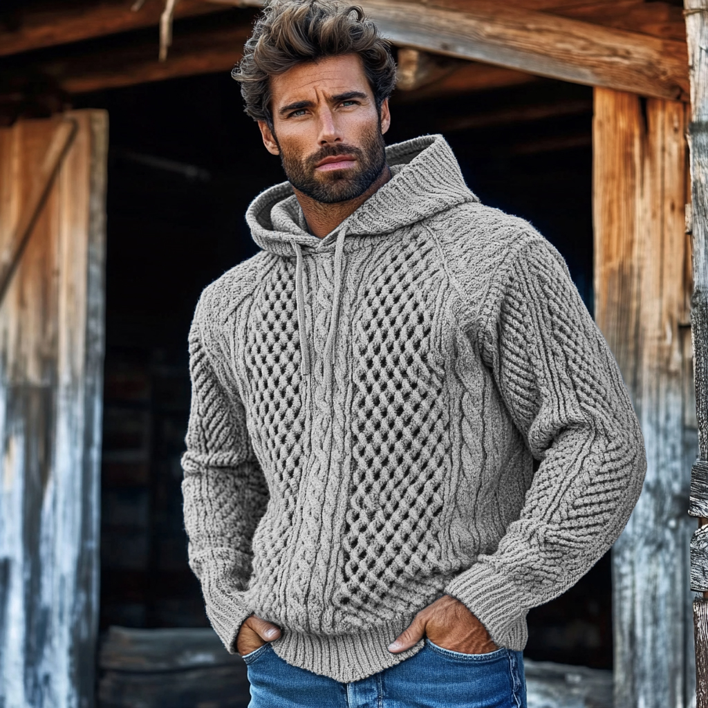 Men'S Waffle Knit Pattern Hooded Sweater