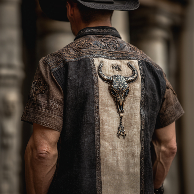 Men's Bull Skull Western Embossed Patchwork Linen Shirt