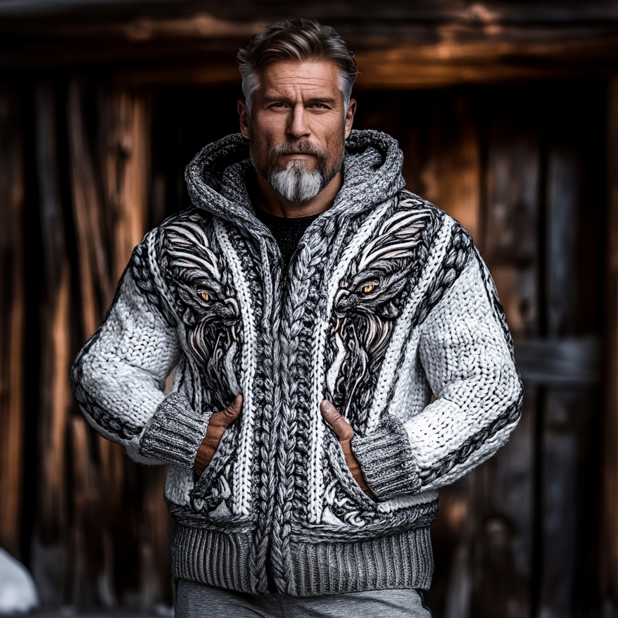 Men's Viking Dragon Style Celtic Thick Zip Hooded Sweater