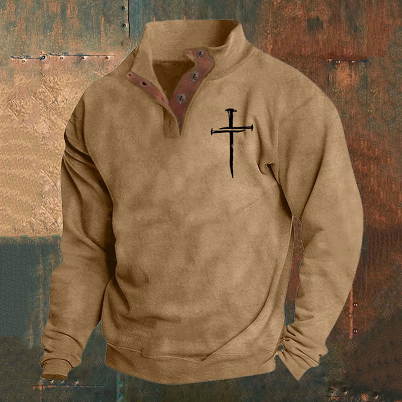 Men's Faith Cross Printed Stand Collar Button Sweatshirt