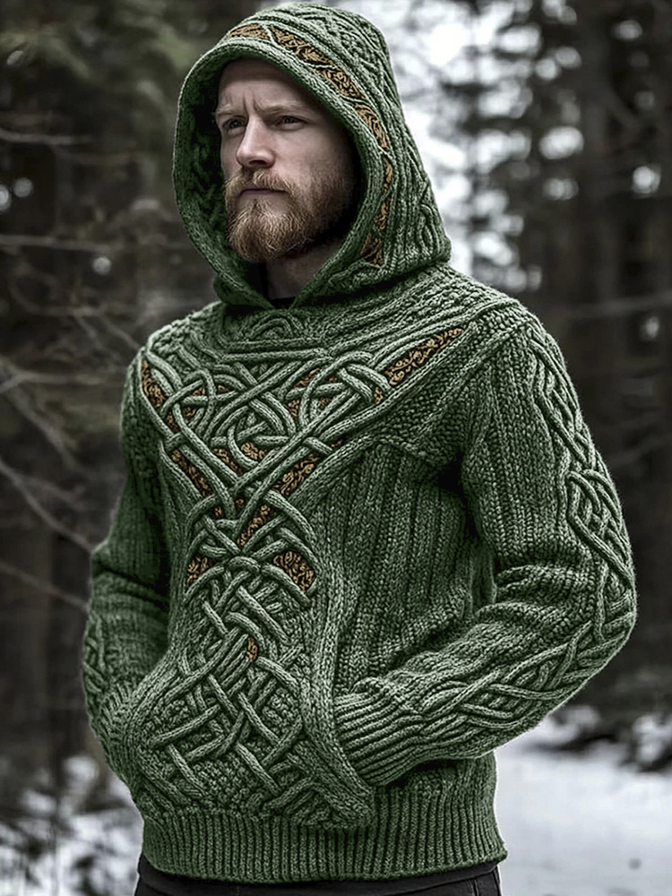 Men's Viking Jacquard Celtic Style Cozy Knit Hooded Sweater