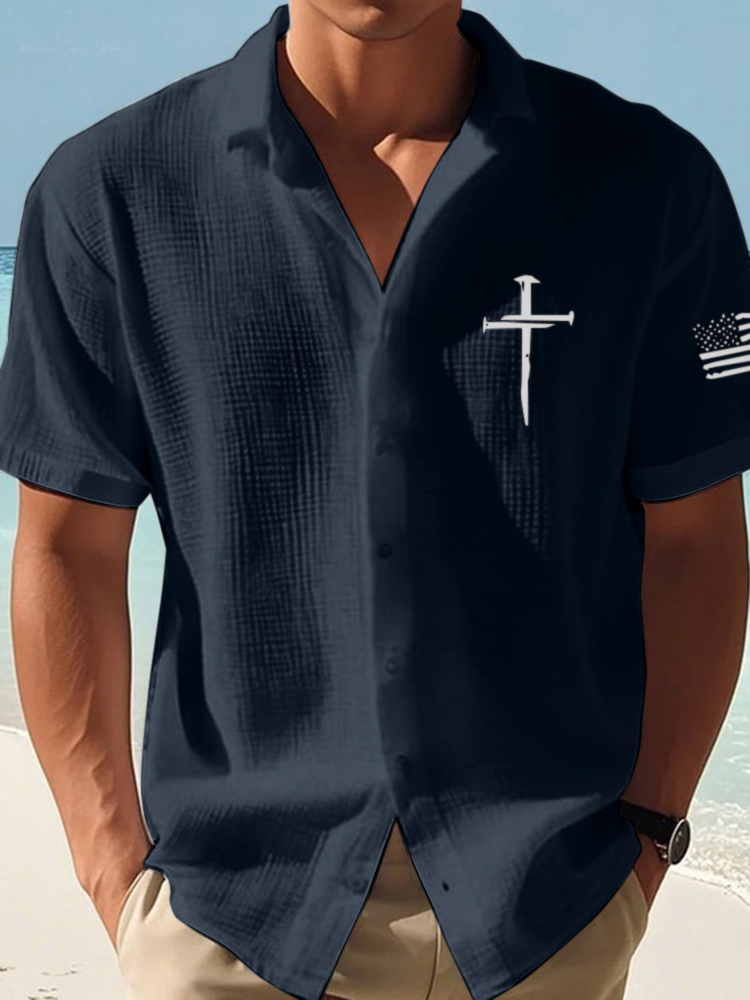 Men's Faith Cross Print Short Sleeve Linen Shirt