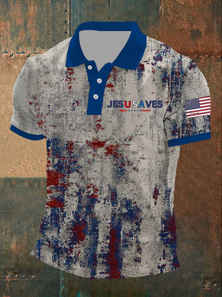 Men's Independence Day American Flag  Usa Jesus Saves Print Polo Shirt