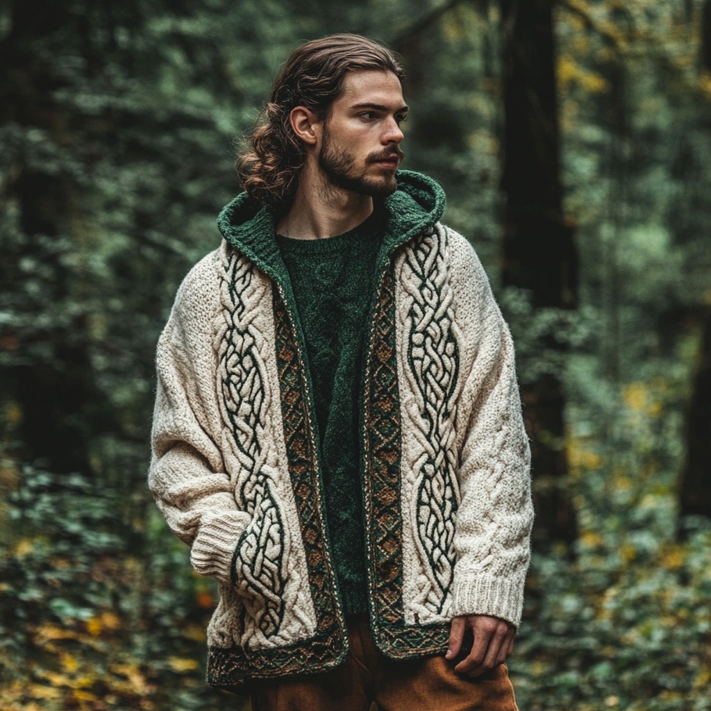 Men's Ireland Celtic Knot Knit Zipper Hooded Cropped Cardigan