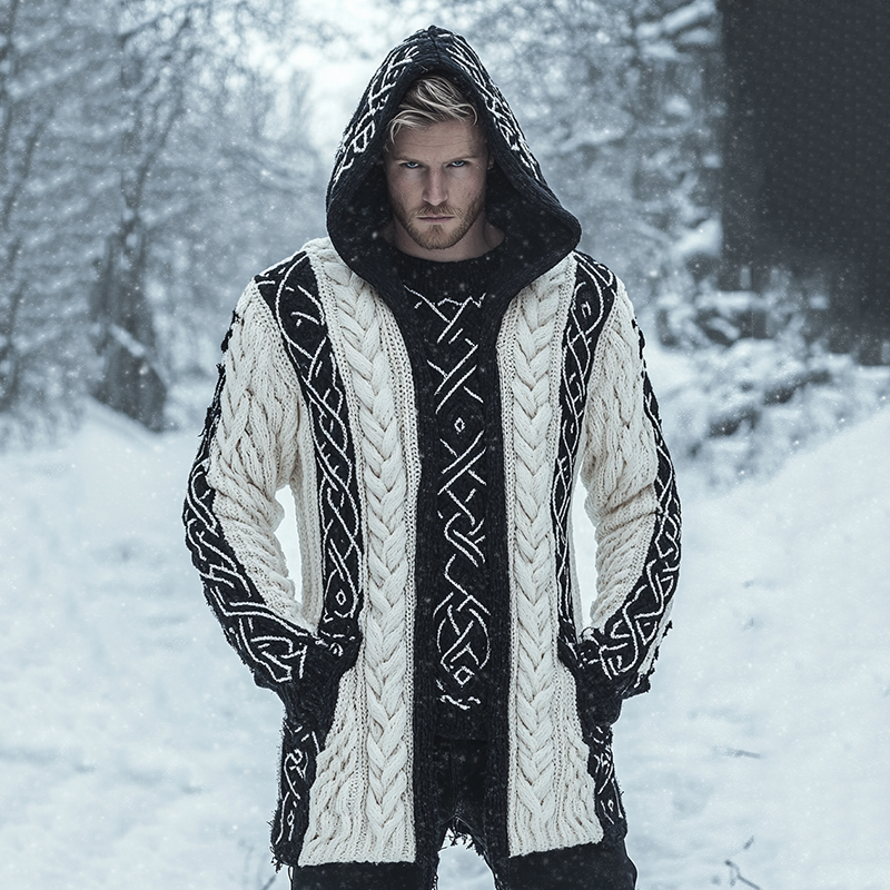 Men's Vintage Viking Rune Knit Jacquard Hooded Cardigan