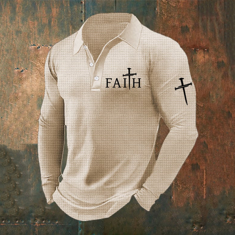 Men's Faith Print Long Sleeve Button Polo Shirt