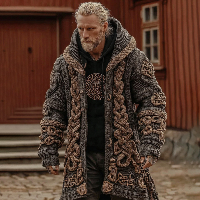 Men's Viking Celtic Geometry Pattern Art Knitted Hooded Cardigan