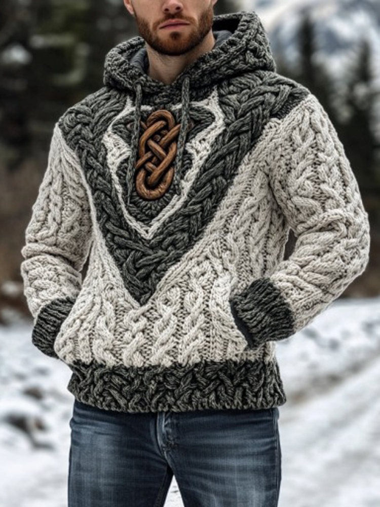 Vintage Irish Celtic Knot Men's Knit Hooded Sweater