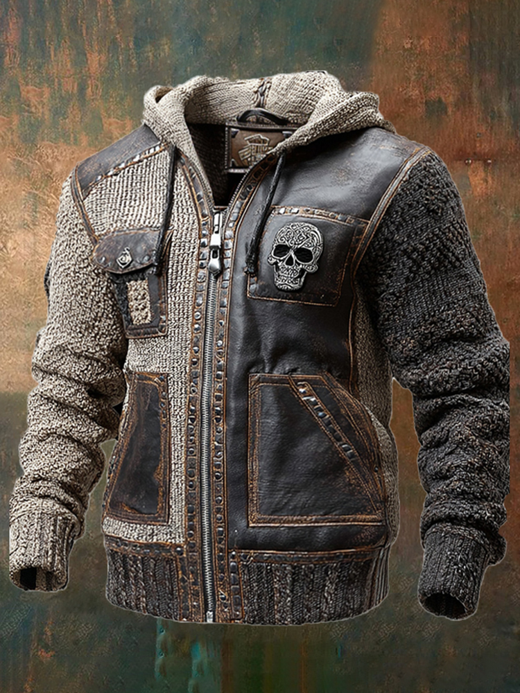 Men's Colorblock Skull Embroidered Leather And Knitted Jacket