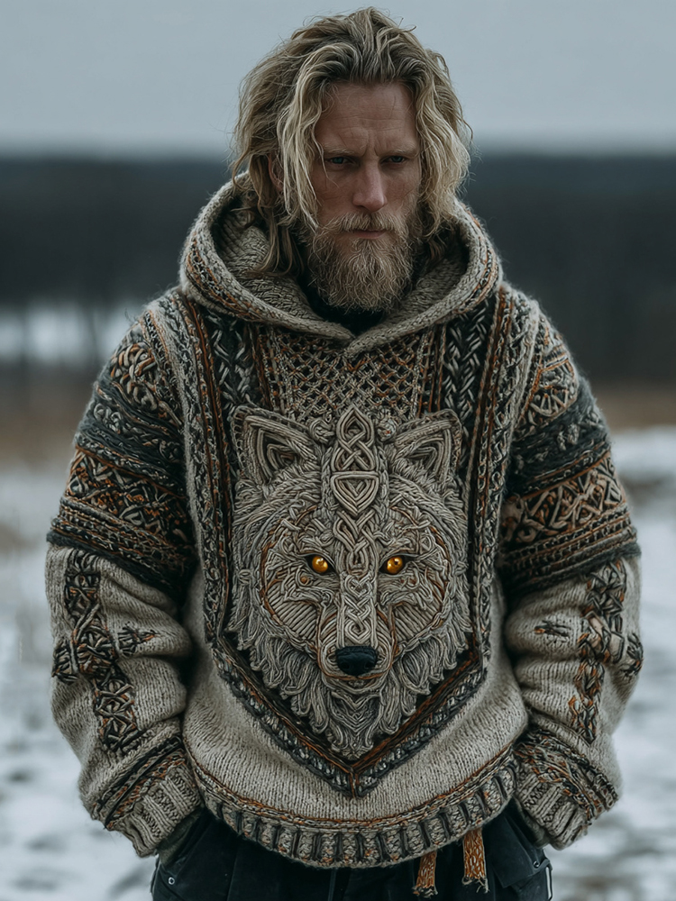Men's Vintage Viking Celtic Knot Wolf Art Hooded Knit Sweater