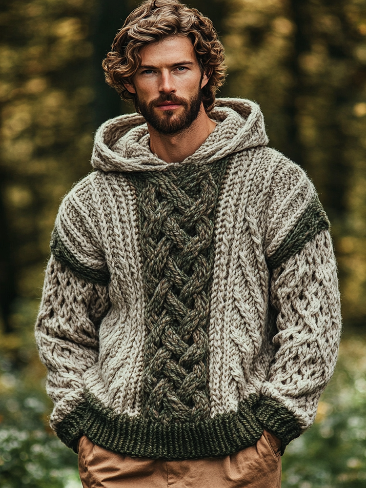 Men's Irish Celtic Knotted Chunky Knit Jacquard Hooded Sweater