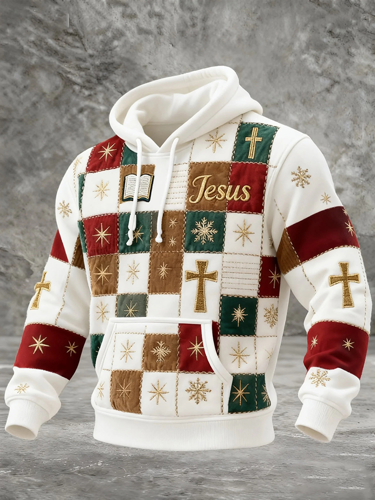 Men's Faith Christmas Patchwork Print Casual Hoodie