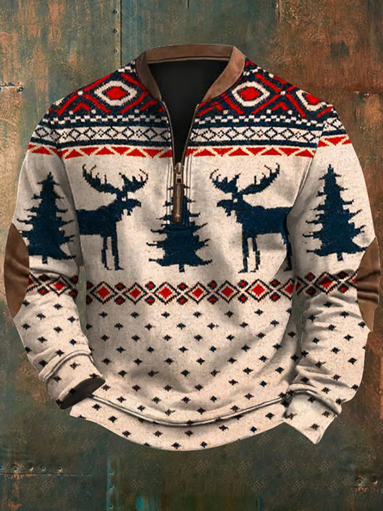 Men's Christmas Western Elk Print Zip Collar Sweatshirt