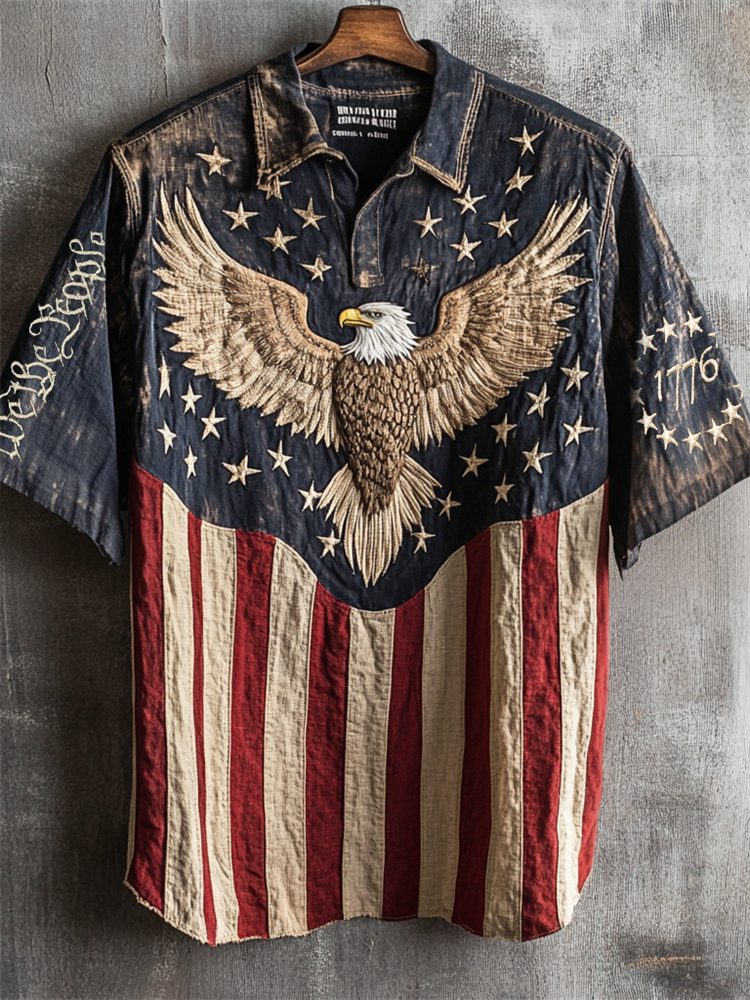 Independence Day We The People Vintage Eagle Embroidered Linen Shirt