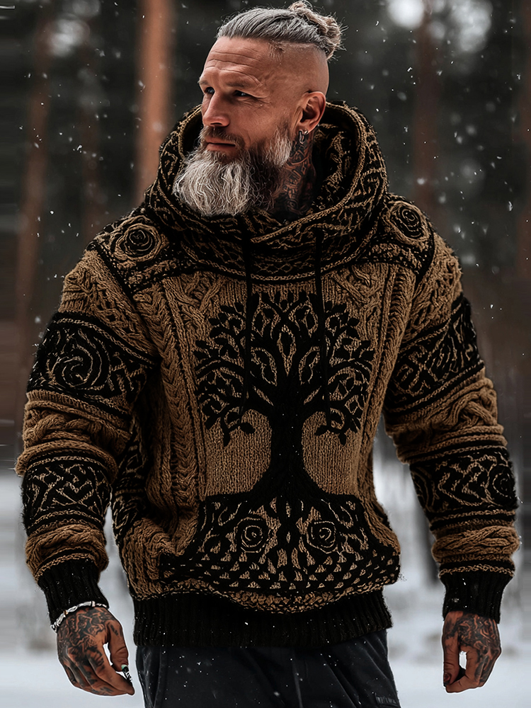 Men's Viking Tribal Jacquard Celtic With Rose And Tree Of Life Inspired Chunky Knit Hooded Sweater