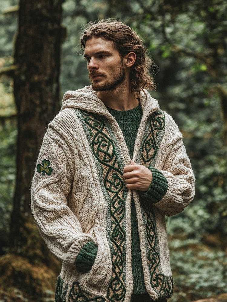 Men's Ireland Celtic Knot Shamrock Zipper Hooded Cardigan