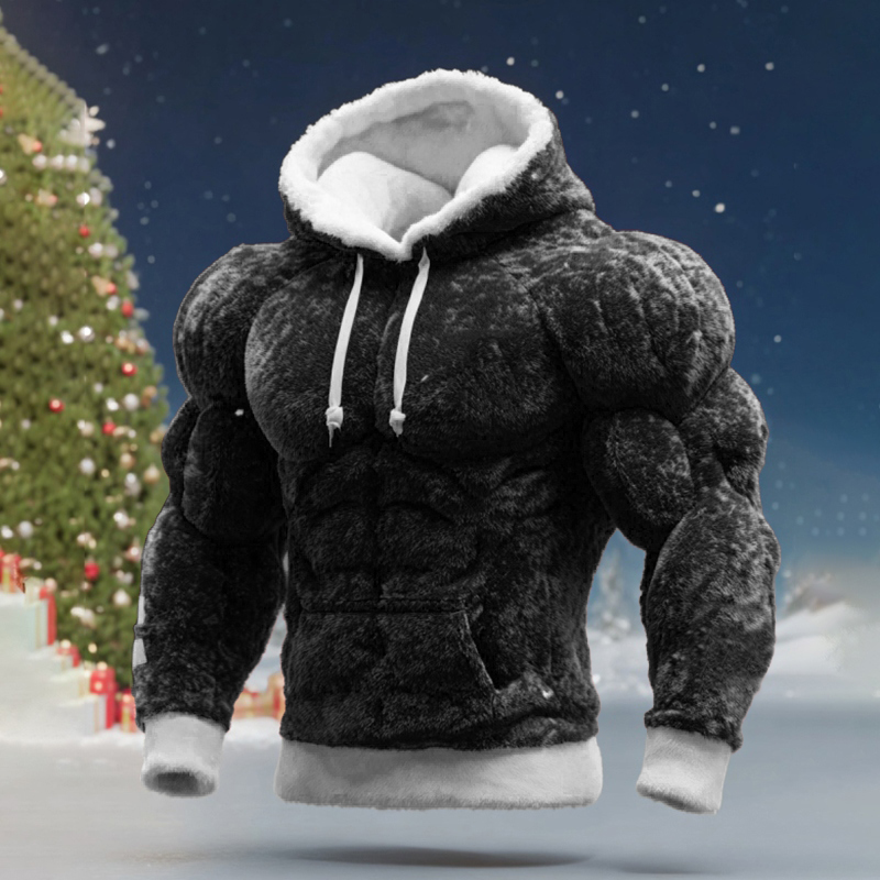 Men's Christmas Muscle Art Flannel Warm Hoodie