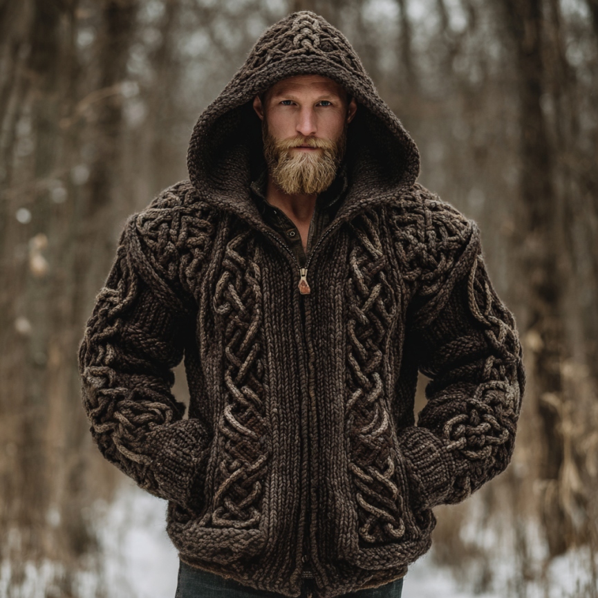 Men's Vintage Viking Celtic Knot Art Chunky Knit Hooded Zip-up Sweater