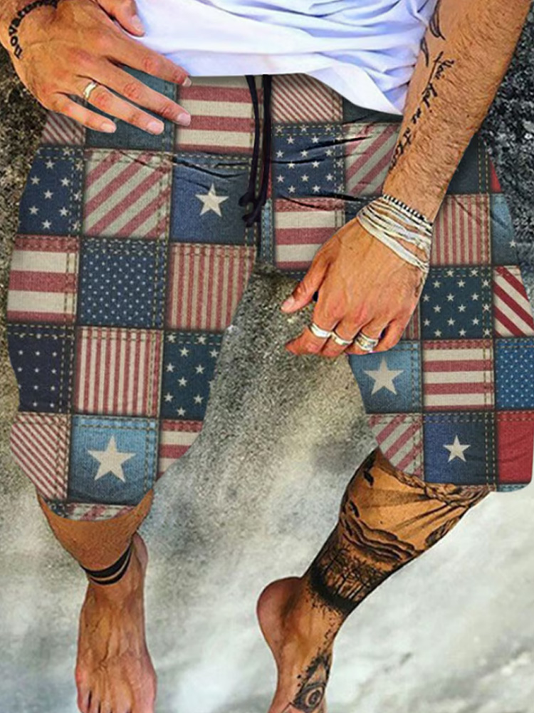 Men's Independence Day Retro American Flag Print Casual Shorts