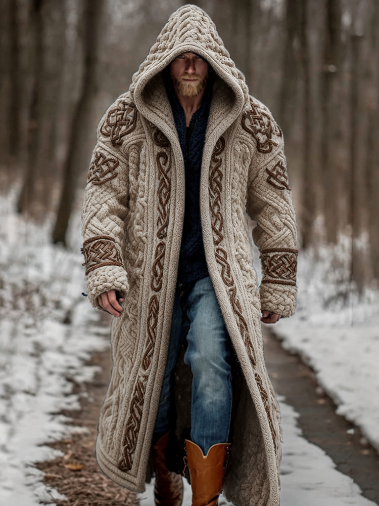 Men's Viking Celtic Knot Art Pocket Mid-length Cardigan Sweater