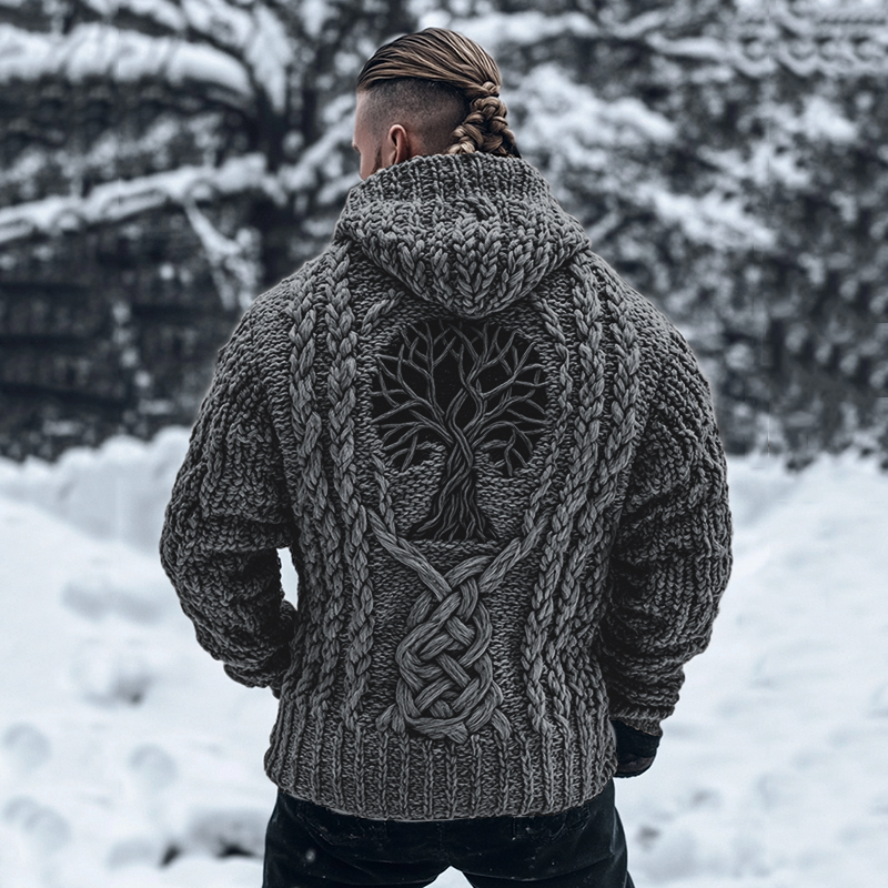 Men's Viking Tribal Tree Of Life Celtic Chunky Knit Hooded Sweater