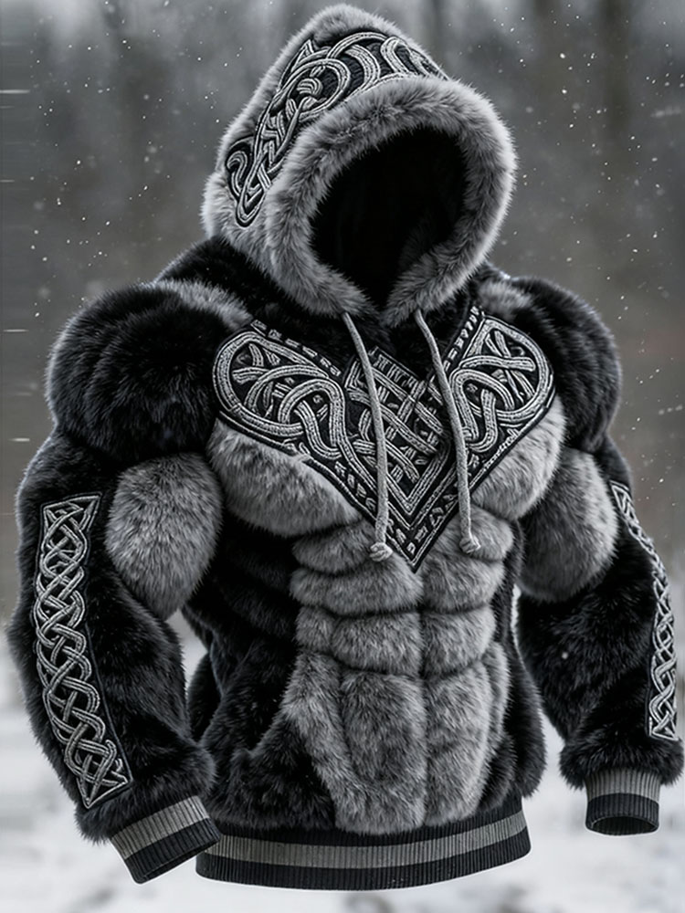 Men's Vintage Viking Tribal Jacquard Celtic Muscle Line Inspired Art Plush Warm Hoodie