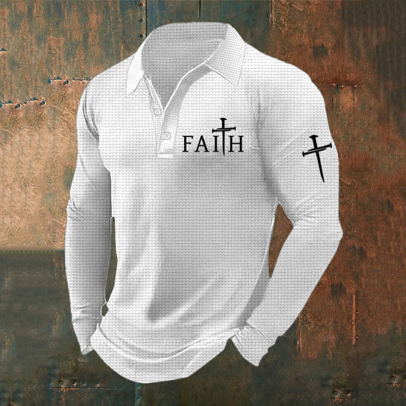 Men's Faith Print Long Sleeve Button Polo Shirt
