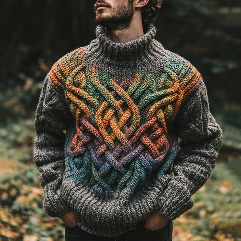 Vintage Rainbow Irish Celtic Knotted Warmth Knit Jacquard Turtleneck Sweater